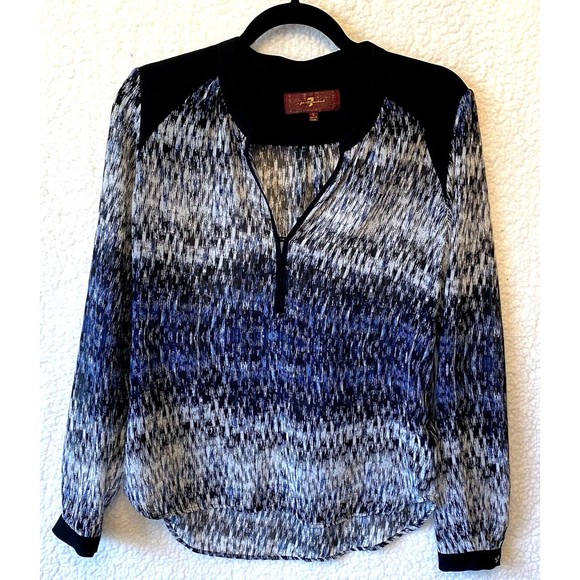 7 for all mankind Black Blue Sheet Women’s Blouse Long Sleeve Sz‎ S Lightweight - Picture 1 of 12